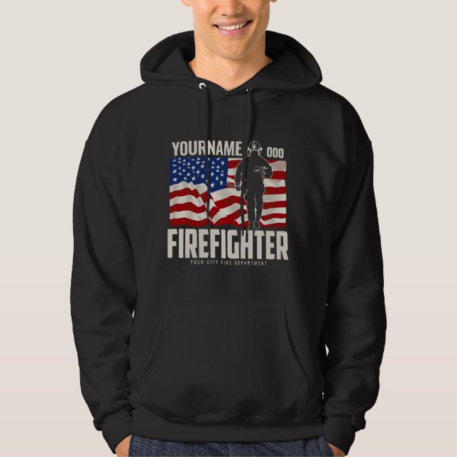 Personalised Firefighter Rescue USA Flag Patriotic Hoodie (Front)