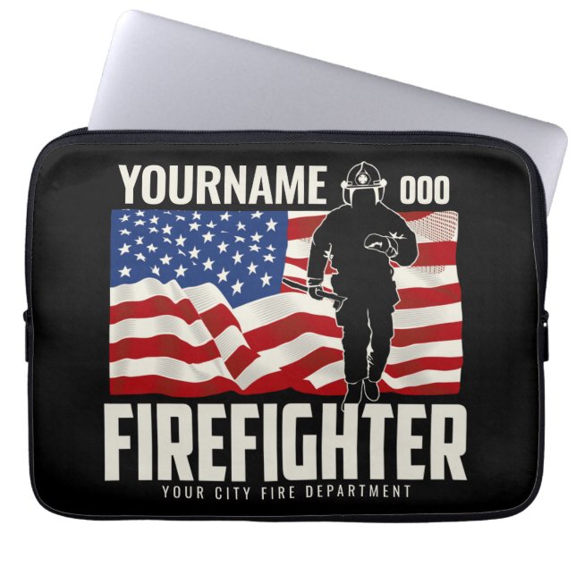 Personalised Firefighter Rescue USA Flag Patriotic Laptop Sleeve (Front)