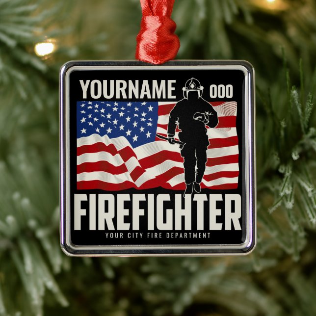 Personalised Firefighter Rescue USA Flag Patriotic Metal Ornament (Tree)