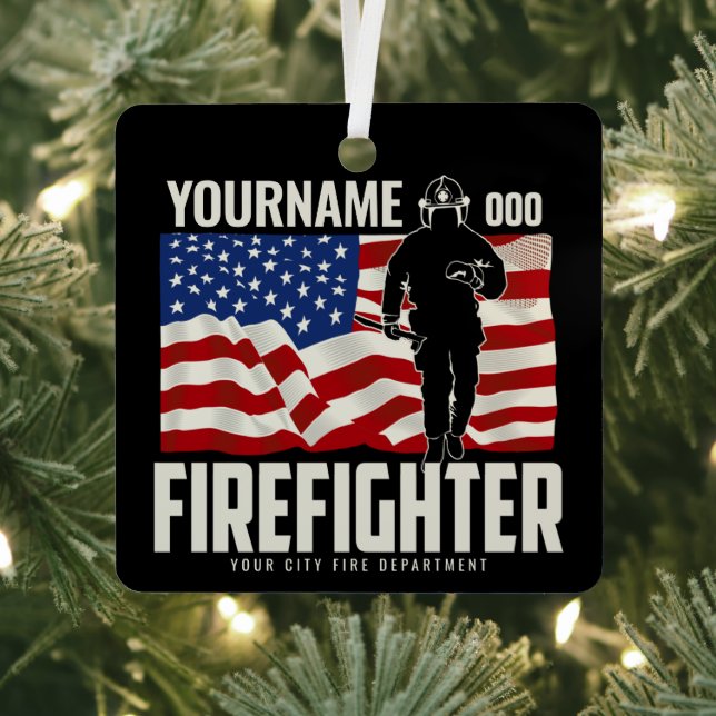 Personalised Firefighter Rescue USA Flag Patriotic Metal Tree Decoration (Insitu)