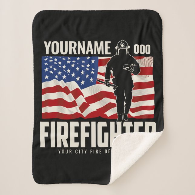 Personalised Firefighter Rescue USA Flag Patriotic Sherpa Blanket (Front)