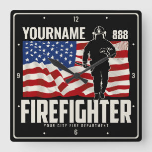 Personalised Firefighter Rescue USA Flag Patriotic Square Wall Clock