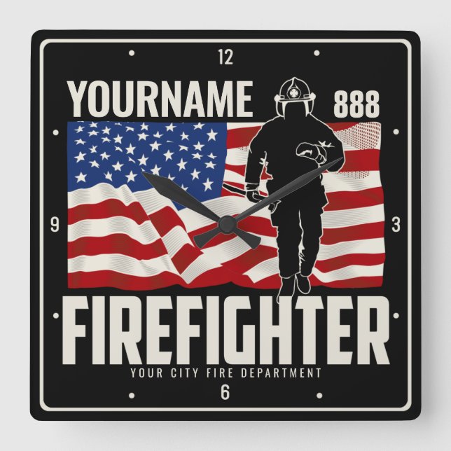 Personalised Firefighter Rescue USA Flag Patriotic Square Wall Clock (Front)
