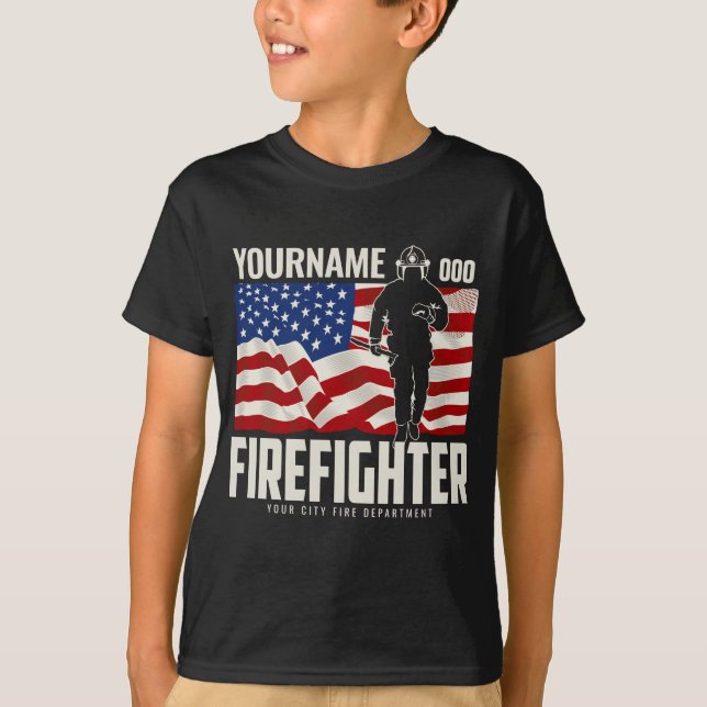 Personalised Firefighter Rescue USA Flag Patriotic T-Shirt (Front)