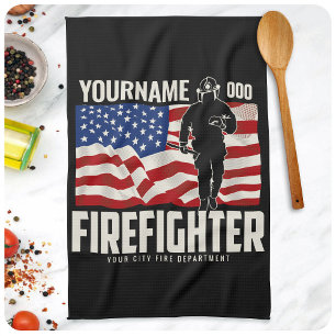 Personalised Firefighter Rescue USA Flag Patriotic Tea Towel
