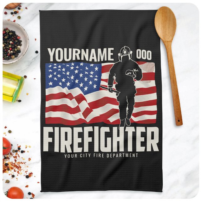 Personalised Firefighter Rescue USA Flag Patriotic Tea Towel (Creator Uploaded)