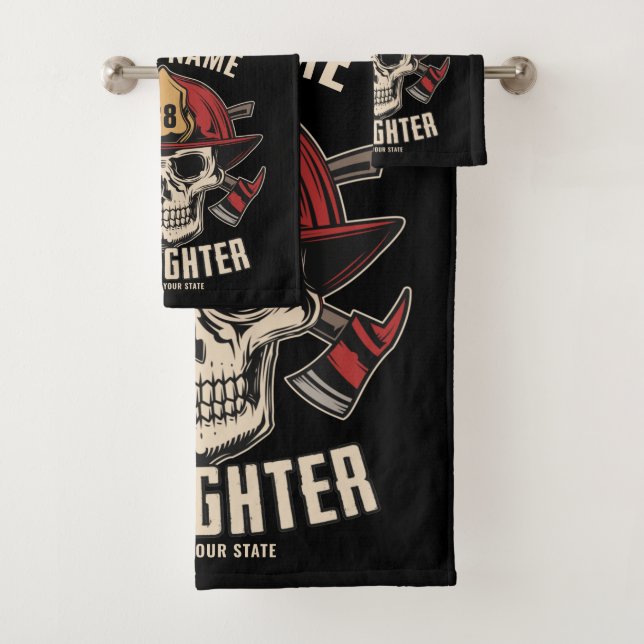Personalised Firefighter Skull Fireman Fire Dept Bath Towel Set (Insitu)