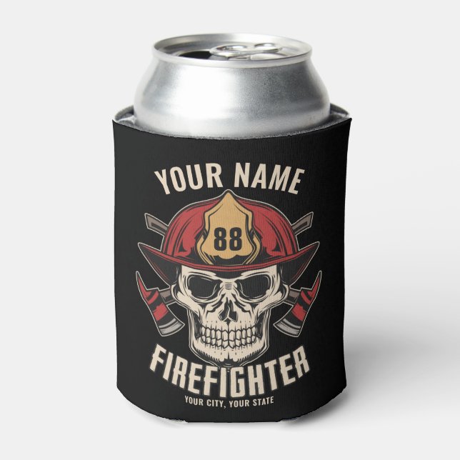 Personalised Firefighter Skull Fireman Fire Dept  Can Cooler (Can Front)