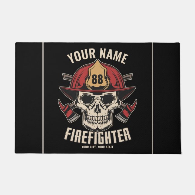 Personalised Firefighter Skull Fireman Fire Dept  Doormat (Front)