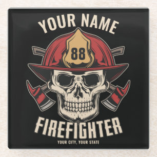 Personalised Firefighter Skull Fireman Fire Dept Glass Coaster