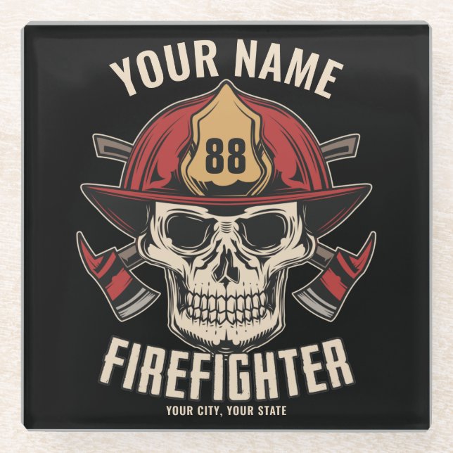 Personalised Firefighter Skull Fireman Fire Dept Glass Coaster (Front)