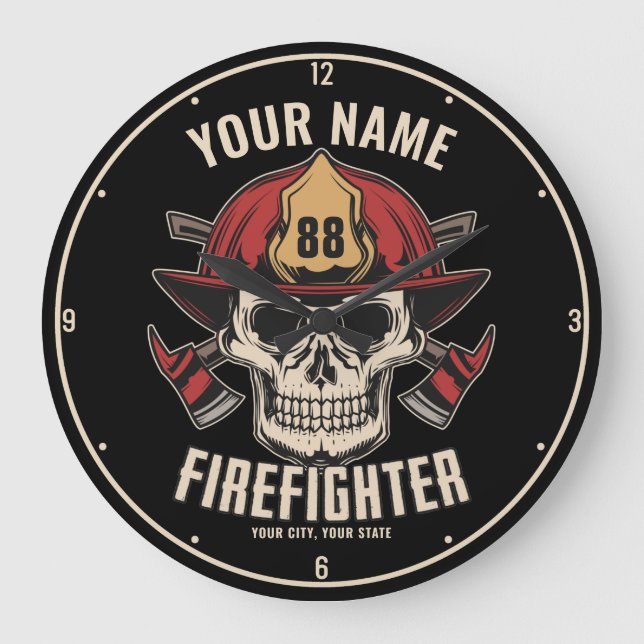 Personalised Firefighter Skull Fireman Fire Dept Large Clock (Front)