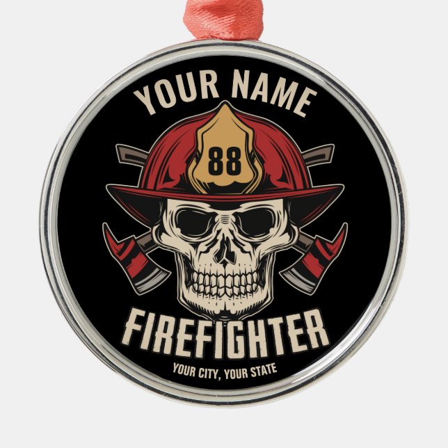 Personalised Firefighter Skull Fireman Fire Dept Metal Ornament (Front)