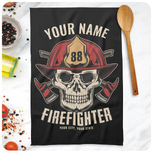 Personalised Firefighter Skull Fireman Fire Dept Tea Towel