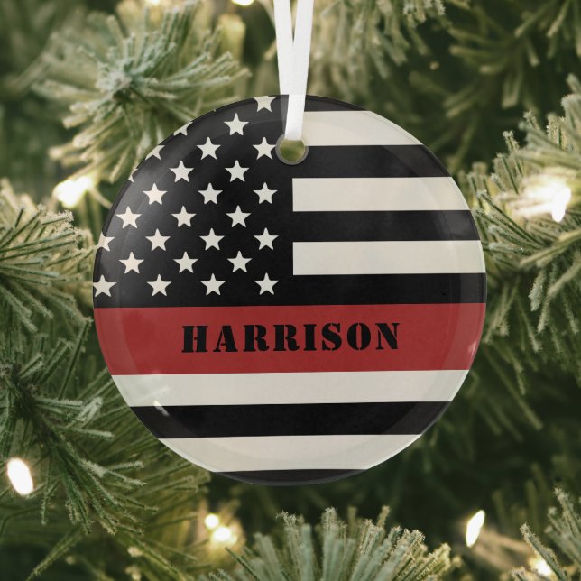 Personalised Firefighter Thin Red Line Fire Rescue Glass Tree Decoration (Insitu)
