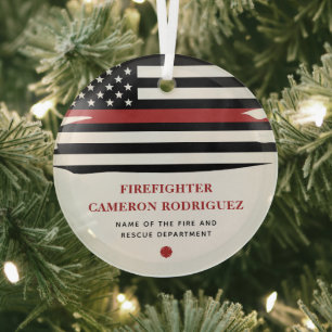 Personalised Firefighter Thin Red Line Fire Rescue Glass Tree Decoration