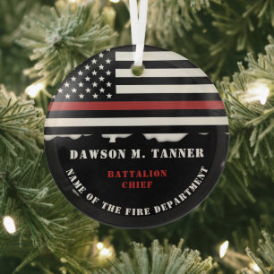 Personalised Firefighter Thin Red Line Fire Rescue Glass Tree Decoration