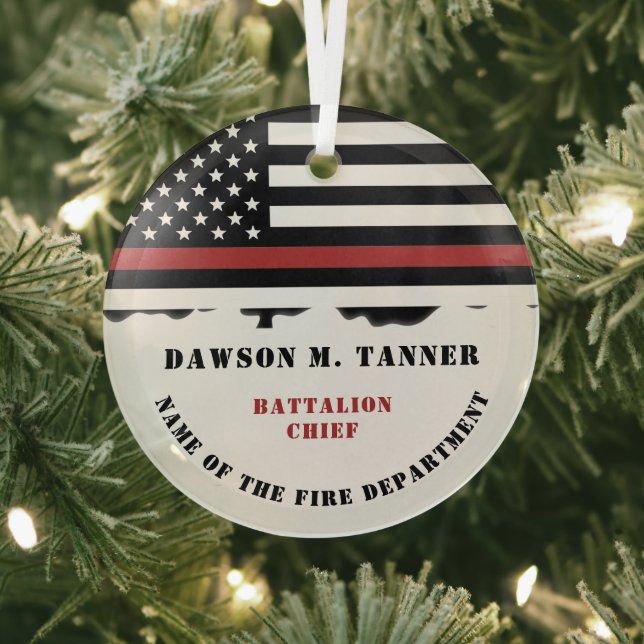 Personalised Firefighter Thin Red Line Fire Rescue Glass Tree Decoration (Insitu)