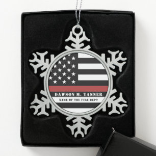 Personalised Firefighter Thin Red Line Fire Rescue Snowflake Pewter Christmas Ornament