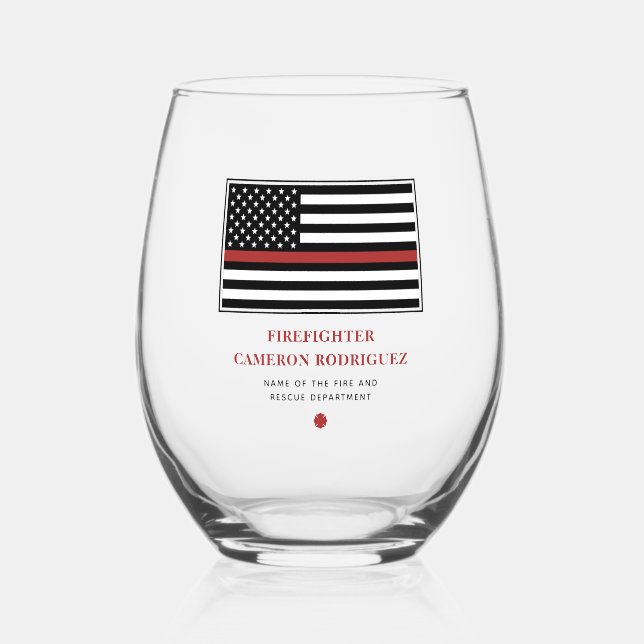 Personalised Firefighter Thin Red Line Fire Rescue Stemless Wine Glass (Front)
