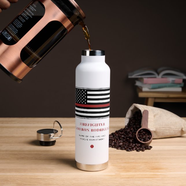 Personalised Firefighter Thin Red Line Fire Rescue Water Bottle (Coffee)