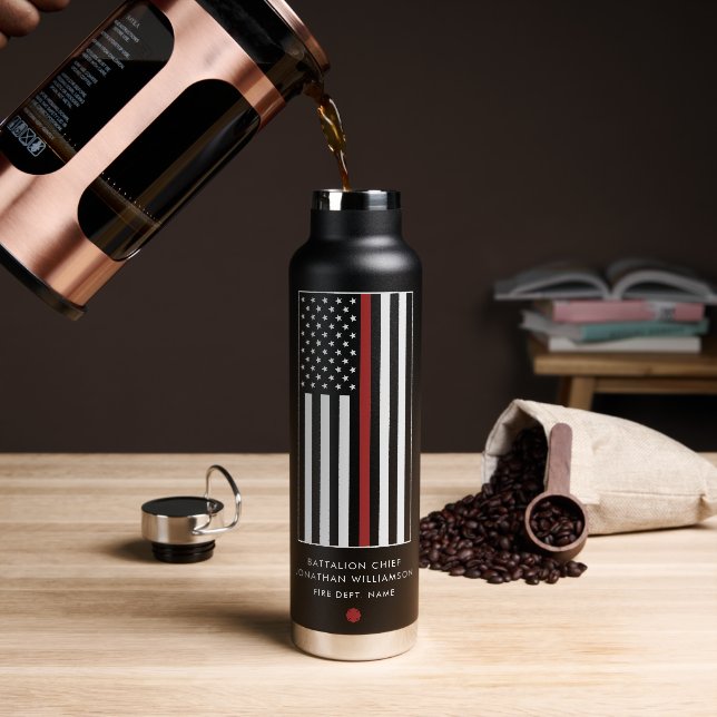 Personalised Firefighter Thin Red Line Flag Water Bottle (Coffee)