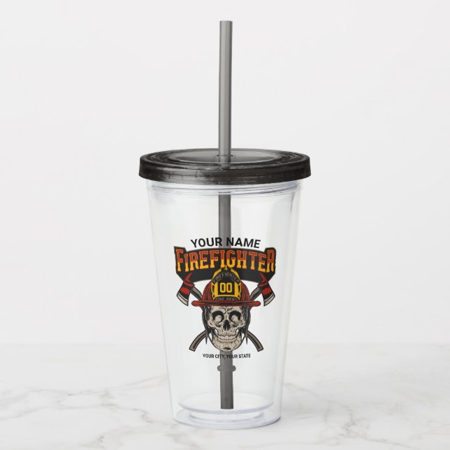 Personalised Fireman Skull Helmet Axe Firefighter Acrylic Tumbler (Front)