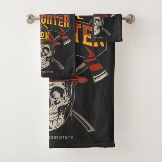 Personalised Fireman Skull Helmet Axe Firefighter  Bath Towel Set (Insitu)