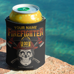 Personalised Fireman Skull Helmet Axe Firefighter Can Cooler
