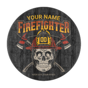 Personalised Fireman Skull Helmet Axe Firefighter Cutting Board