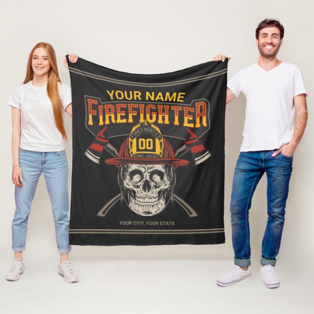 Personalised Fireman Skull Helmet Axe Firefighter  Fleece Blanket (In Situ)