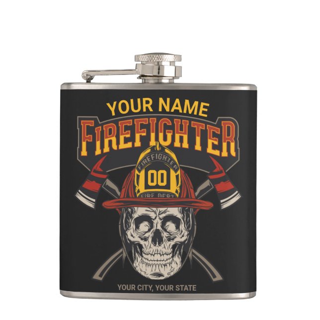 Personalised Fireman Skull Helmet Axe Firefighter  Hip Flask (Front)