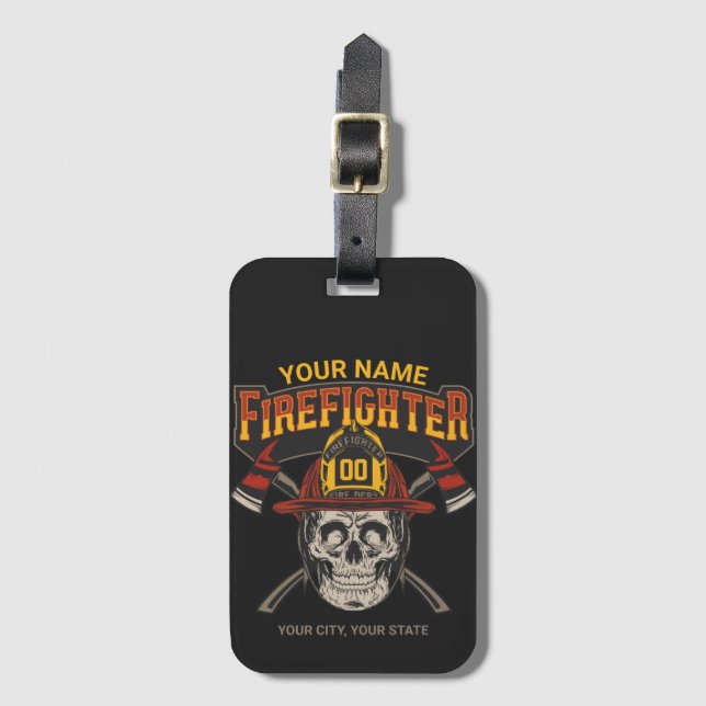Personalised Fireman Skull Helmet Axe Firefighter  Luggage Tag (Front Vertical)