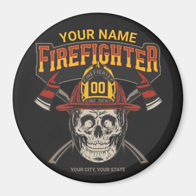 Personalised Fireman Skull Helmet Axe Firefighter Magnet (Front)