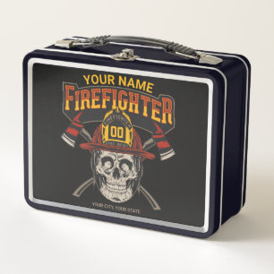 Personalised Fireman Skull Helmet Axe Firefighter Metal Lunch Box