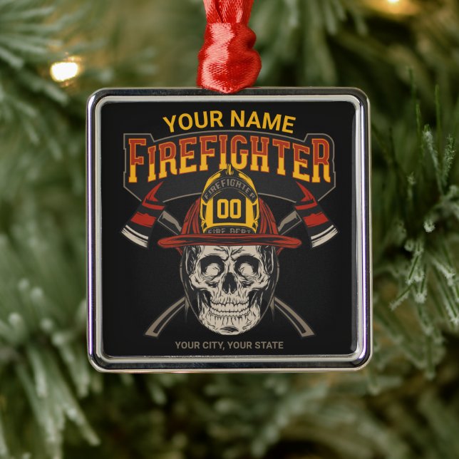 Personalised Fireman Skull Helmet Axe Firefighter  Metal Ornament (Tree)