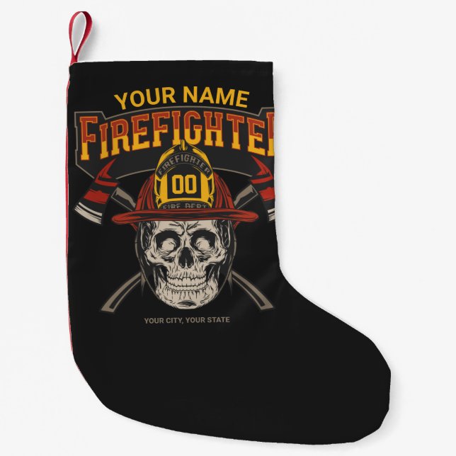 Personalised Fireman Skull Helmet Axe Firefighter  Small Christmas Stocking (Front)