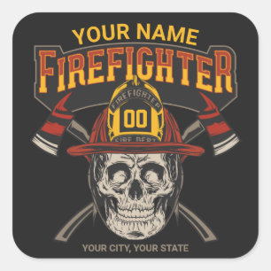 Personalised Fireman Skull Helmet Axe Firefighter  Square Sticker