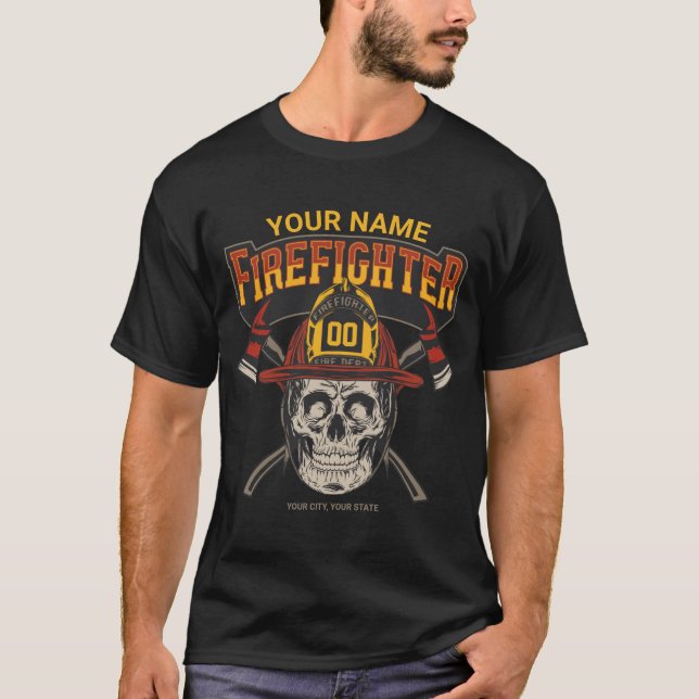 Personalised Fireman Skull Helmet Axe Firefighter  T-Shirt (Front)