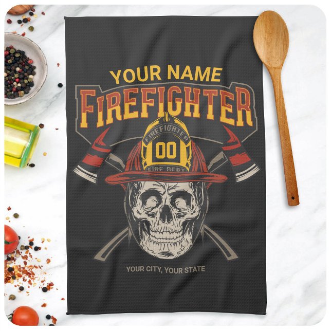 Personalised Fireman Skull Helmet Axe Firefighter  Tea Towel (Creator Uploaded)