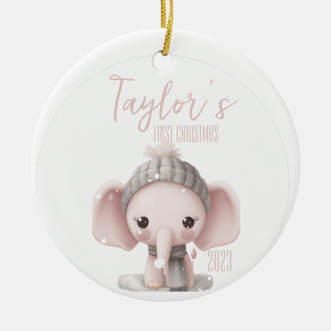 Personalised First Baby Elephant Christmas Ceramic Ornament (Front)