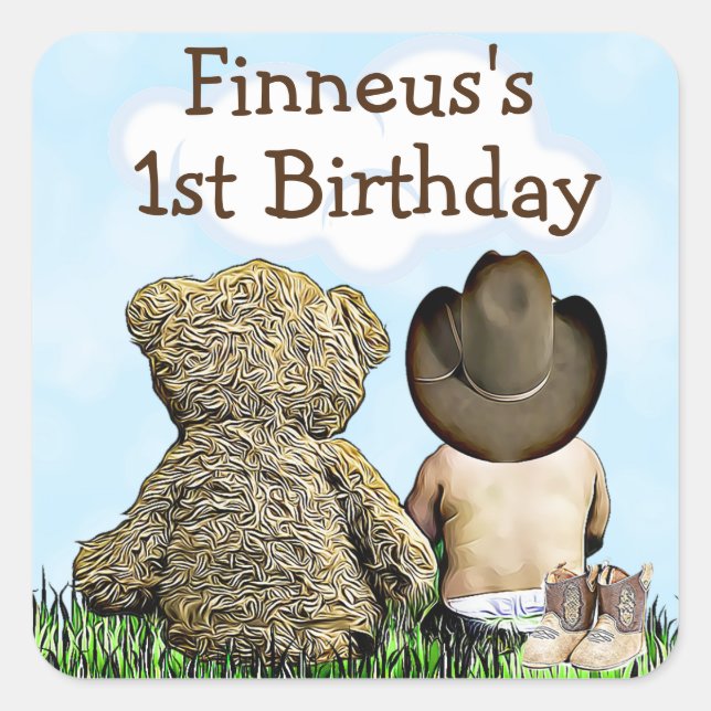 Personalised First Birthday Cowboy and Teddy Bear Square Sticker (Front)