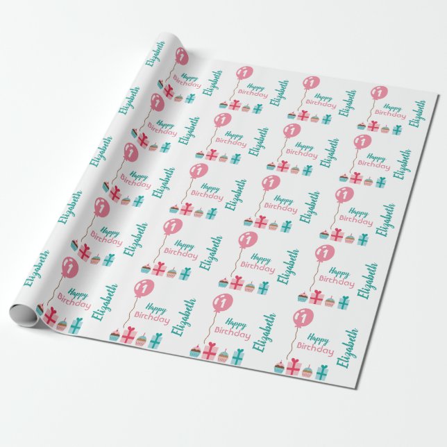 Personalised First Birthday girl Wrapping Paper (Unrolled)