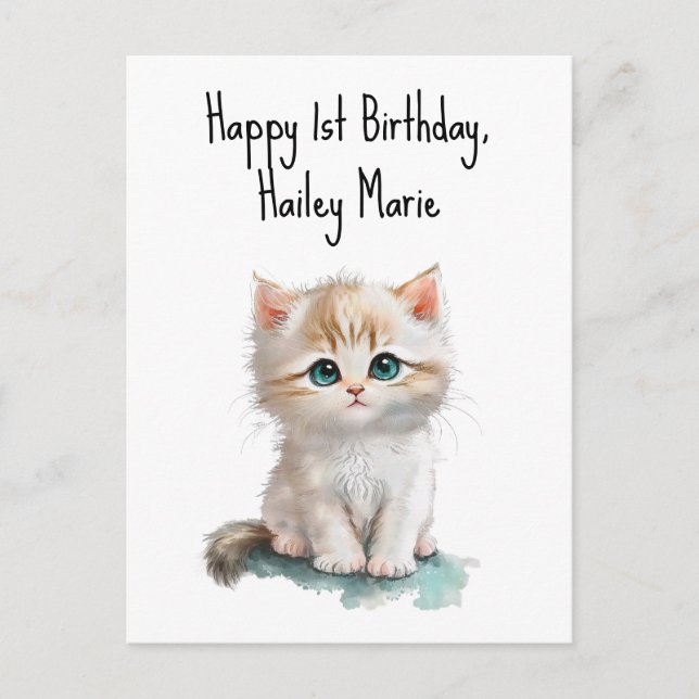 Personalised First Birthday Kitten with Blue Eyes  Postcard (Front)