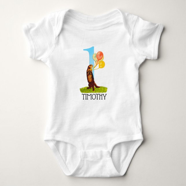 Personalised First Birthday Otter Boy  Baby Bodysuit (Front)