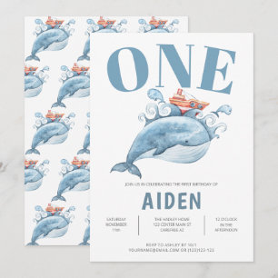 Personalised First Birthday Party Blue Whale Invitation