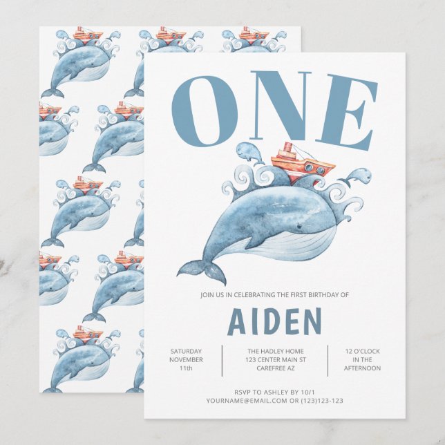Personalised First Birthday Party Blue Whale Invitation (Front/Back)
