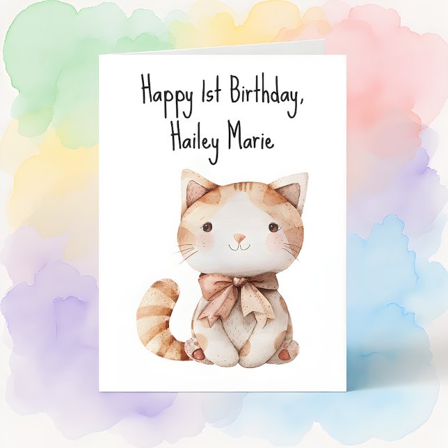 Personalised First Birthday Stuffed Toy Cat  Card (Creator Uploaded)