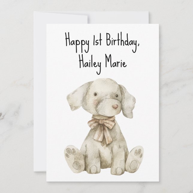 Personalised First Birthday Stuffed Toy Dog  Card (Front)