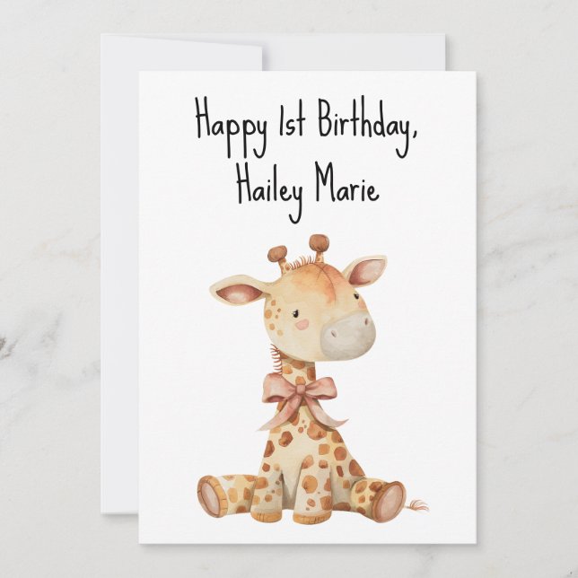 Personalised First Birthday Stuffed Toy Giraffe  Card (Front)